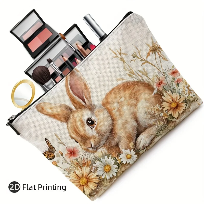 Bolsa de maquiagem com estampa floral e coelho encantador – bolsa multifuncional com zíper, bolsa de armazenamento de joias, zíper de viagem perfeito pequeno sto