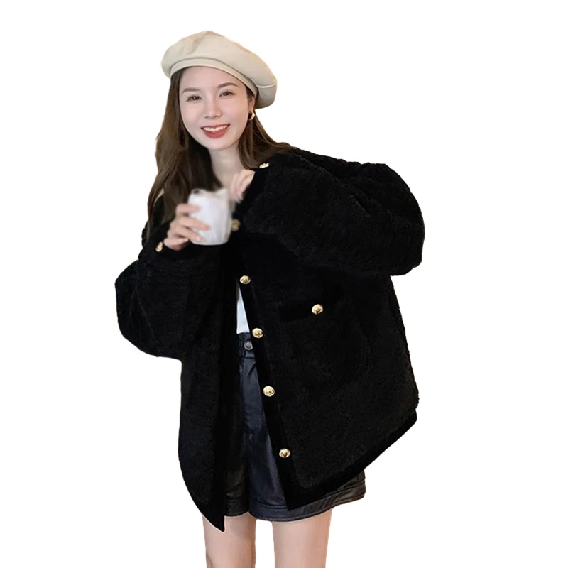 Women's Warm Coat Korean Version Autumn Winter O Neck Contrasting Colors Single Breasted Berber Fleece Overcoat