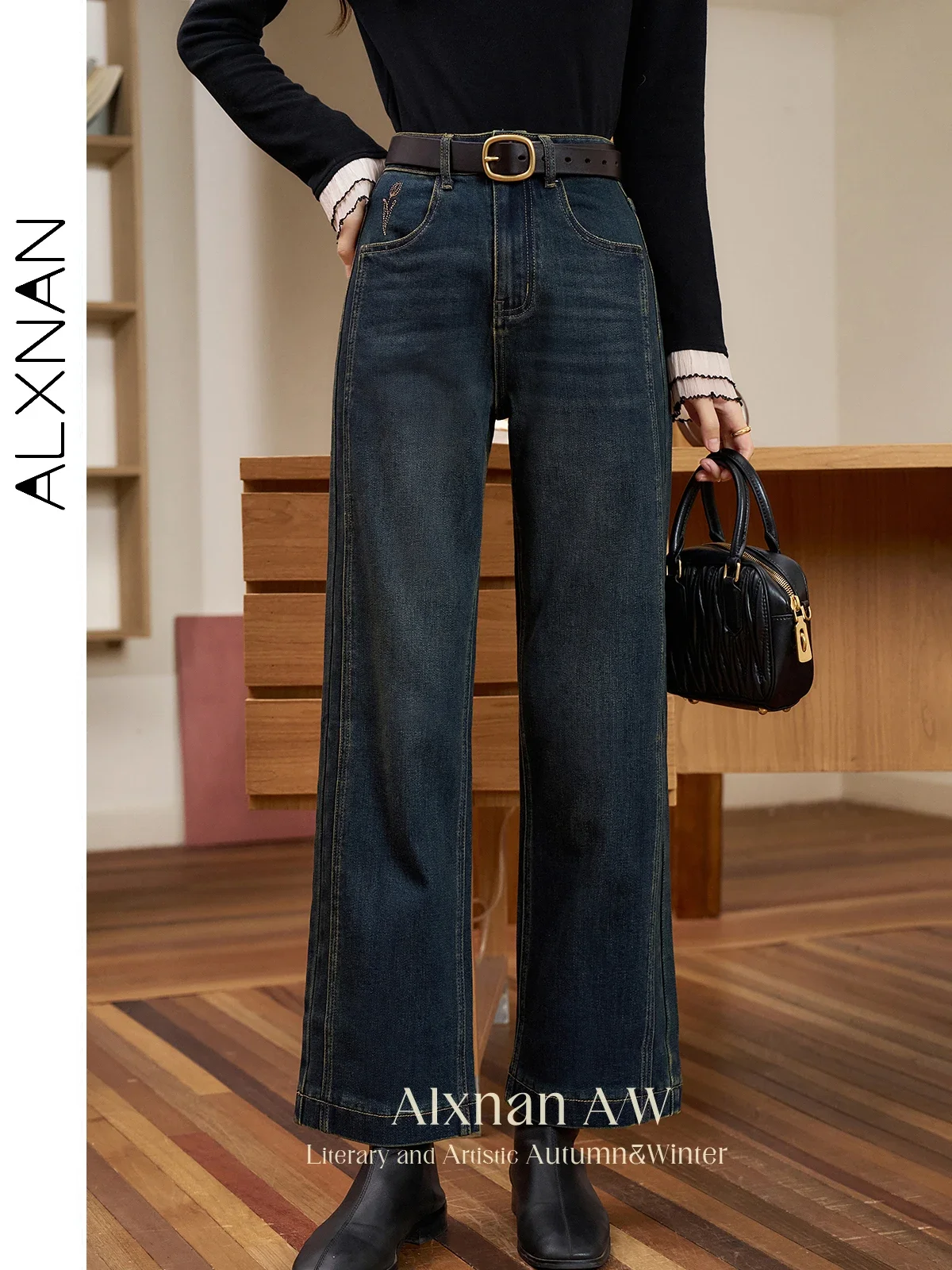 

ALXNAN Dark Blue Fleece-lined Jeans Vintage Straight High Waist Baggy Jeans Rose Embroidery Versatile Woman‘s Pants L50218-1
