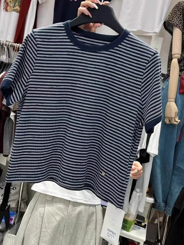 Lof op de! Onverslaanbare Sle! Koreaans gestreept ort Sve T-shirt Faionable veelzijdige jeugdige losse top voor dames