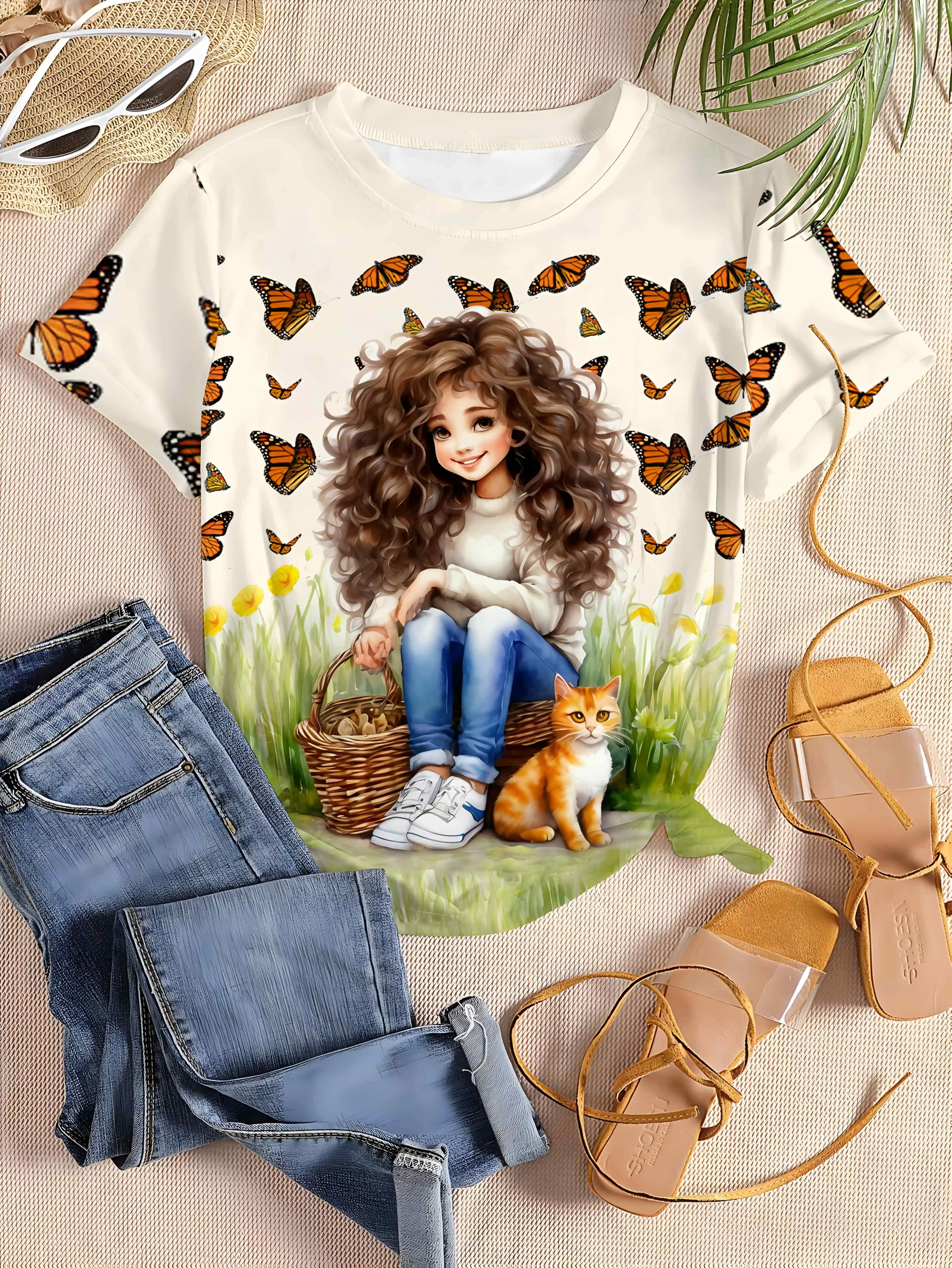 Women's Tee - Girl with Tabby Cat & Monarch Butterflies Graphic, Whimsical Countryside Scene Design for Casual Daily Wear