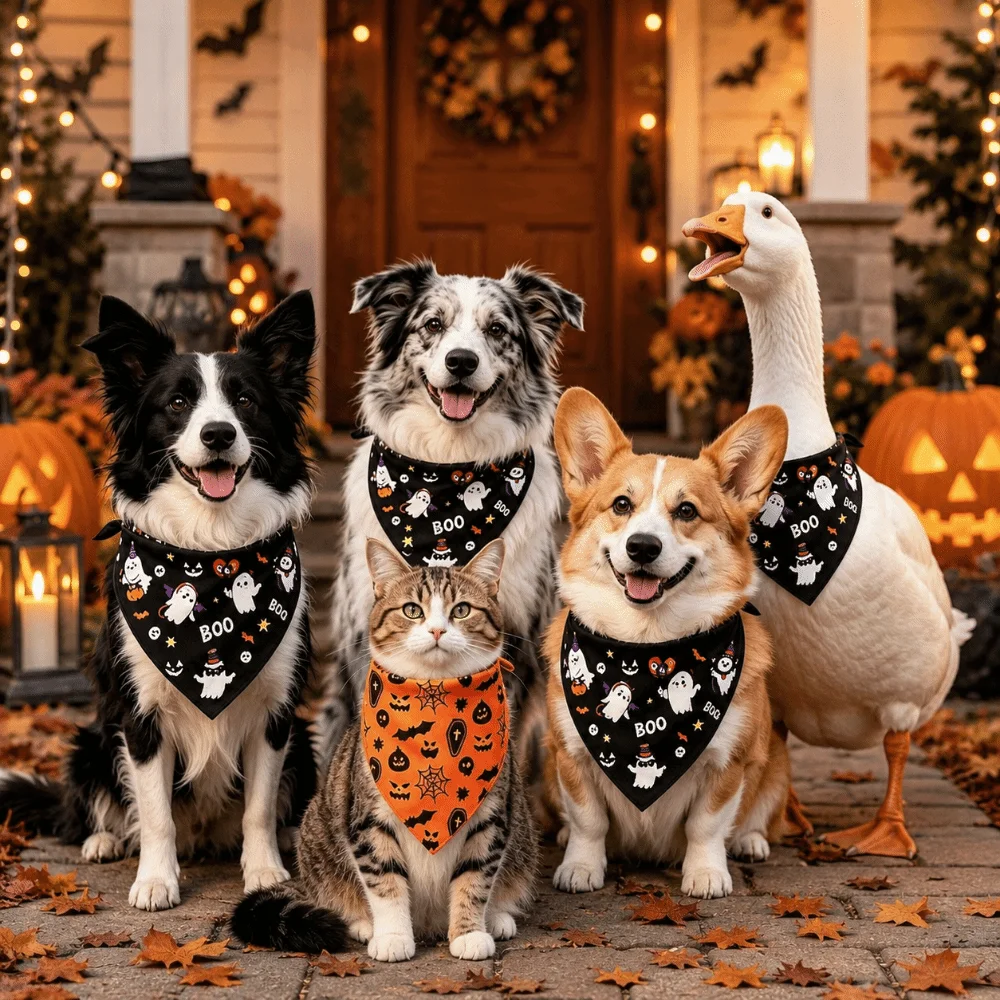 Cute Pet Halloween Bandana Pumpkin Print Ghost Pattern Pet Holiday Bib Lightweight Washable Dog Triangle Scarf Photo Props