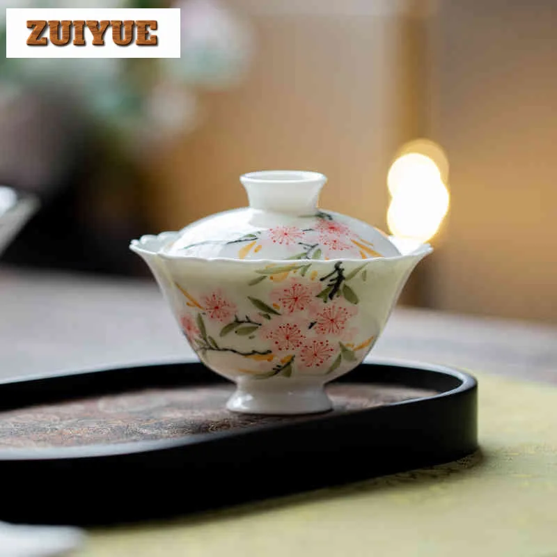 

110ml Hand-painted Peach Blossom Gaiwan Japanese Tea Tureen Tea Bowl With Lid Kit Tea Making Cover Bowl Tea Ceremony Collection