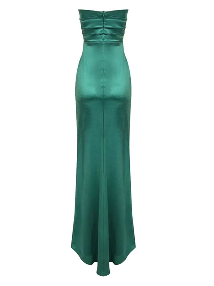 Women Luxury Sexy Strapless Backless Green Split Maxi Long Bodycon Gowns Dress Elegant Evening Party Club Dress