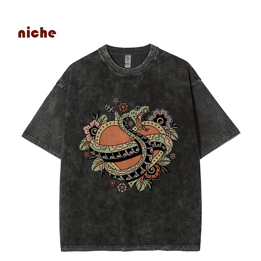 Luxury Contrasting Color Snake Flower Print T-Shirt Round Neck Shoulder Wash Retro Pure Cotton Designer New Short Sleeves