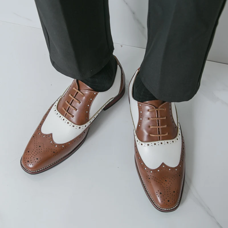 أحذية جلدية كاجوال للرجال موضة حجب الألوان نمط العمل أو الأعمال 38-46 في الهواء الطلق الشارع أو أحذية العريس الزفاف البروغ #6