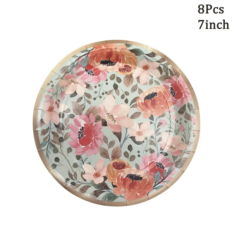 Floral Disposable Party Tableware Paper Plates Cups Napkins for Baby Shower Birthday Tea Party Wedding Table Decoration Supplies