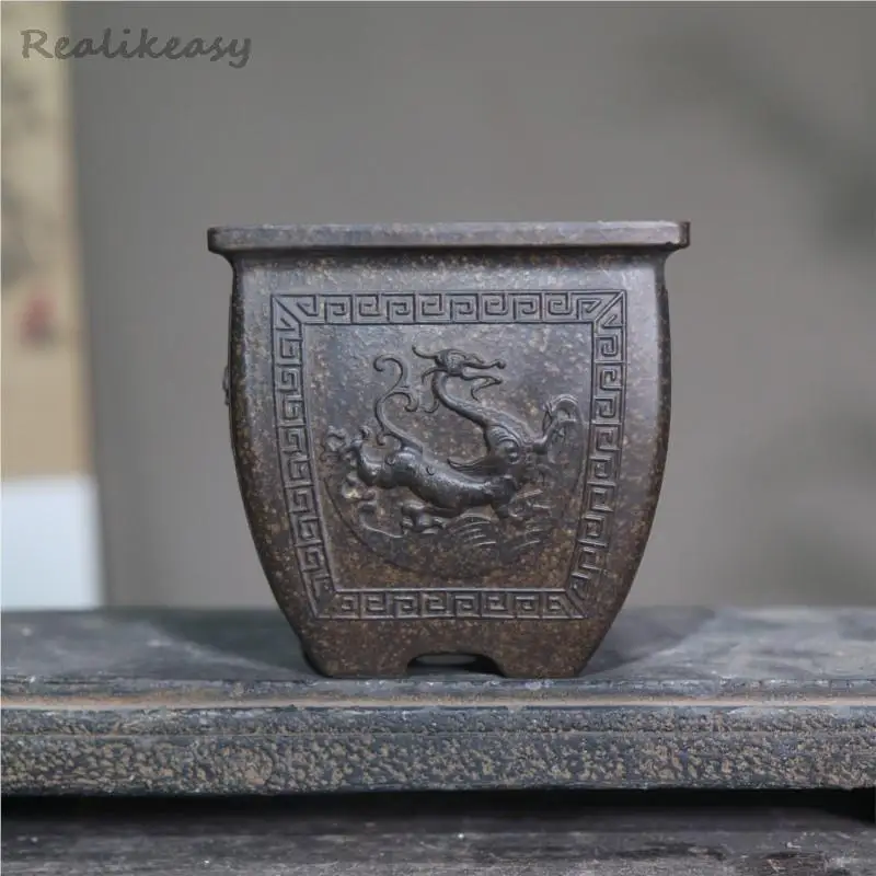 Yixing Purple Sand Flower Pot Chinese Style Home Square Bonsai Pot Ancient Office Desktop Decorative Succulent Flowerpot LE148