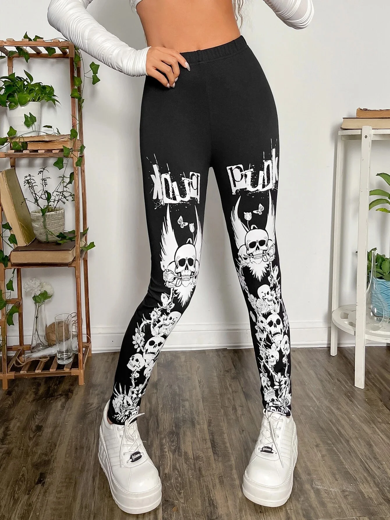 Halloween skull print tight-fitting leggings women with dark Goth style tights solid color slim-fit nine-point pants women