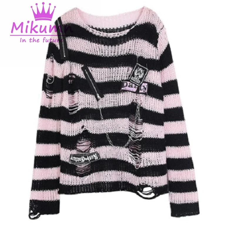 Gothic Striped Sweaters Spring Autumn Women Punk Sweater Y2K Harajuku Hollow Out Hole Broken Jumper Loose Pullovers Streetwear