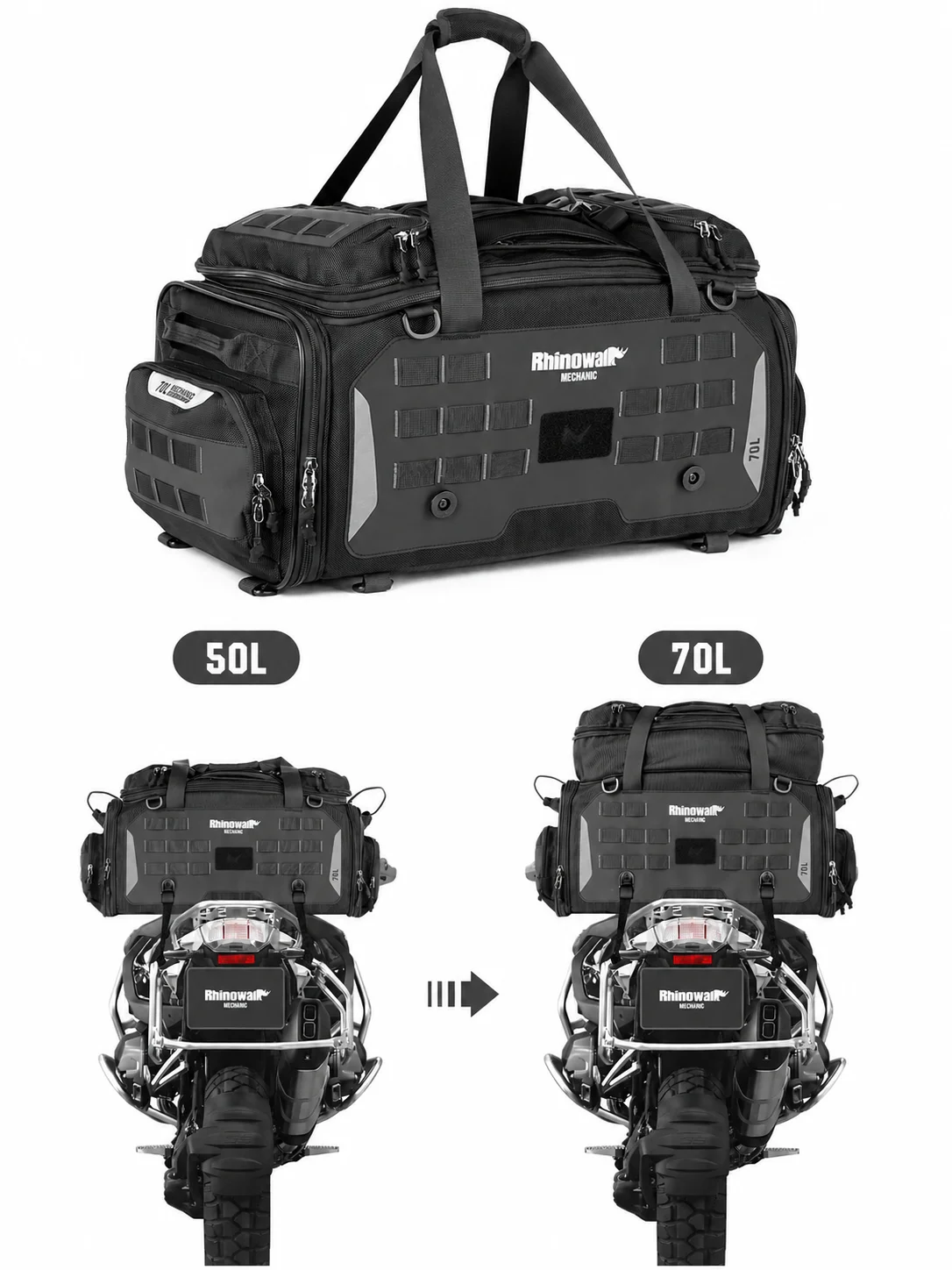Rhinowalk Motorcycle Tail Bag 50-70L Expandable Rear Seat Rack Luggage Waterproof Rain Cover MOLLE Touring Helmet Storage Bag