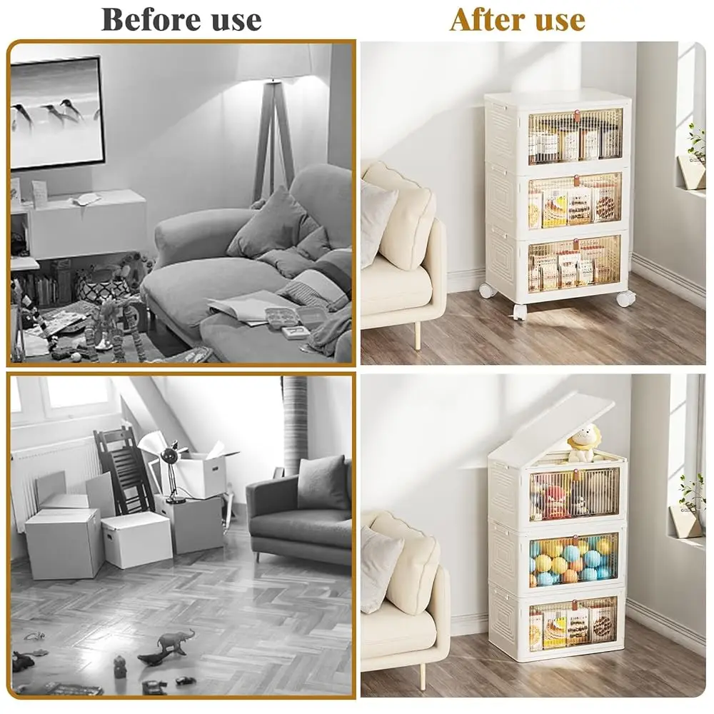 3 Tier Plastic Storage Bins With Lids 23Qt, Stackable Storage Containers With Wheels, Folding Storage Boxes, Collapsible