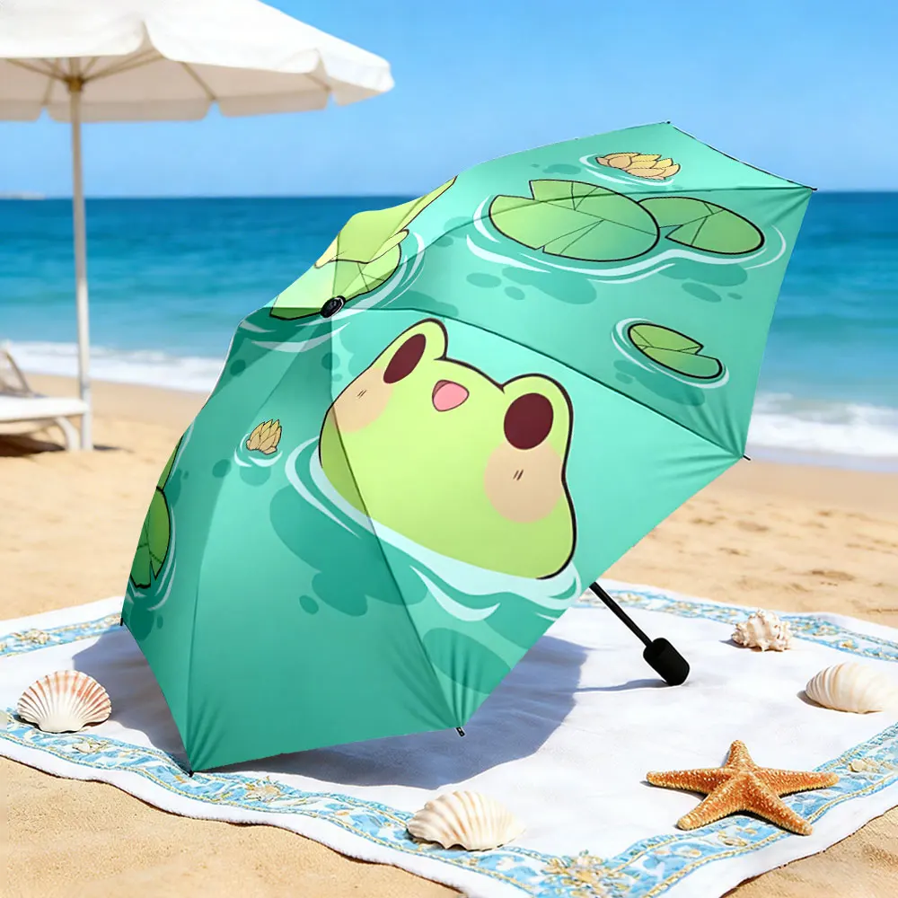 1PC Frog-Themed Umbrella by the Lake for a Cozy Picnic Print 8 Iron Ribs Folding Umbrella Auto-Open Fashion Sunshade
