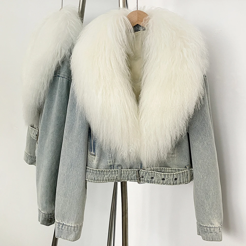 

Short Mongolia Sheep Fur Collar Down Denim jacket Female New Casual Fluffy Winter Clothes Women Real Fur Puffer Jacket