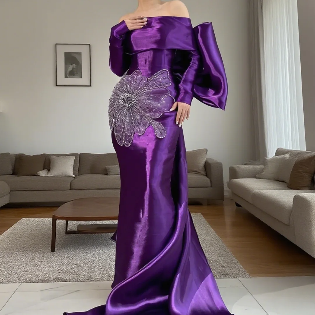 

Customized classic bow satin flower boat-shaped collar and floor-length design Formal Evening Dresses Birthday Party Prom Gowns