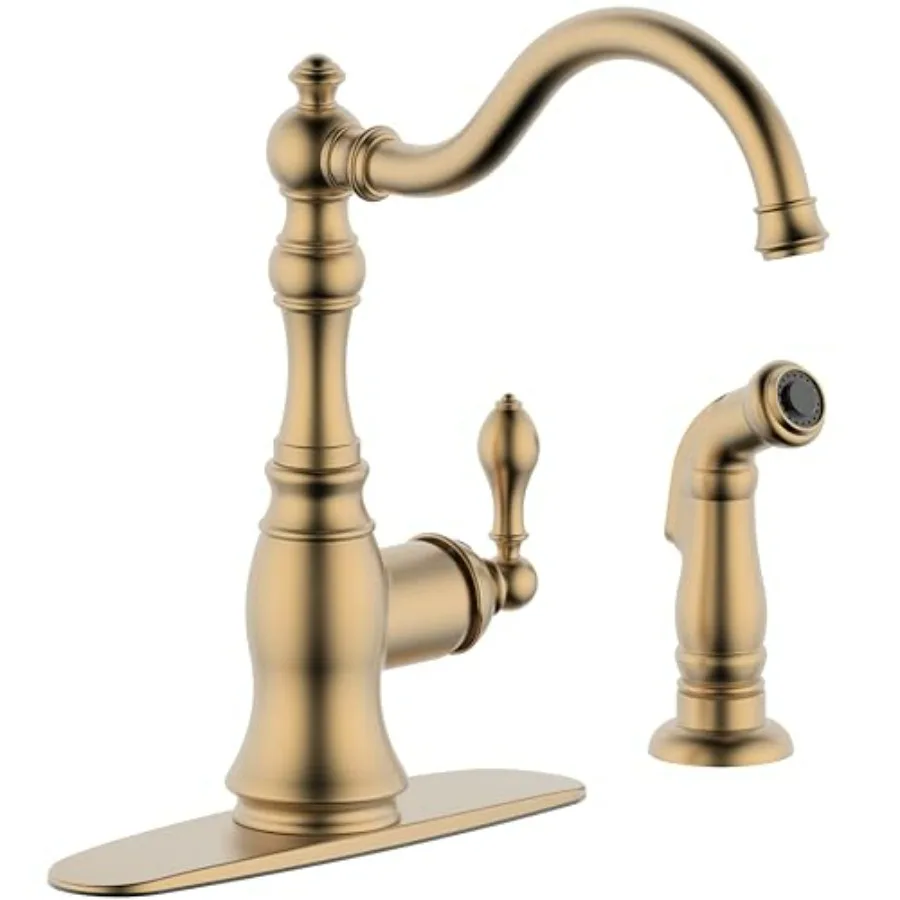 

Brushed Gold Kitchen Faucet with Side Spray 8 Inch Single Handle Deck Plate Included Suitable for 2 Hole or 4 Hole Installation