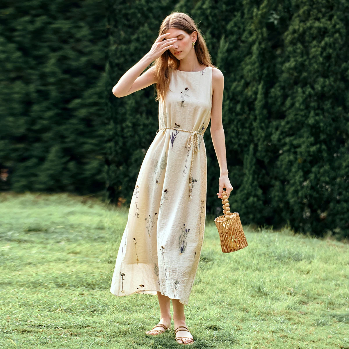 OLrain robes 2025 femme été sans manches a-ligne longue Slash cou abricot flore dames élégant vacances dames robe O57XL99810