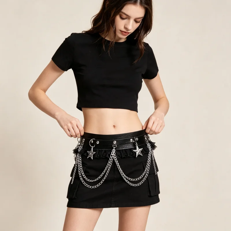 Punk Rock Multi‑layer Silver Chain Waist Belt Y2K Star Charm Lace Leather Waistband For Women Halloween Party Body Accessories
