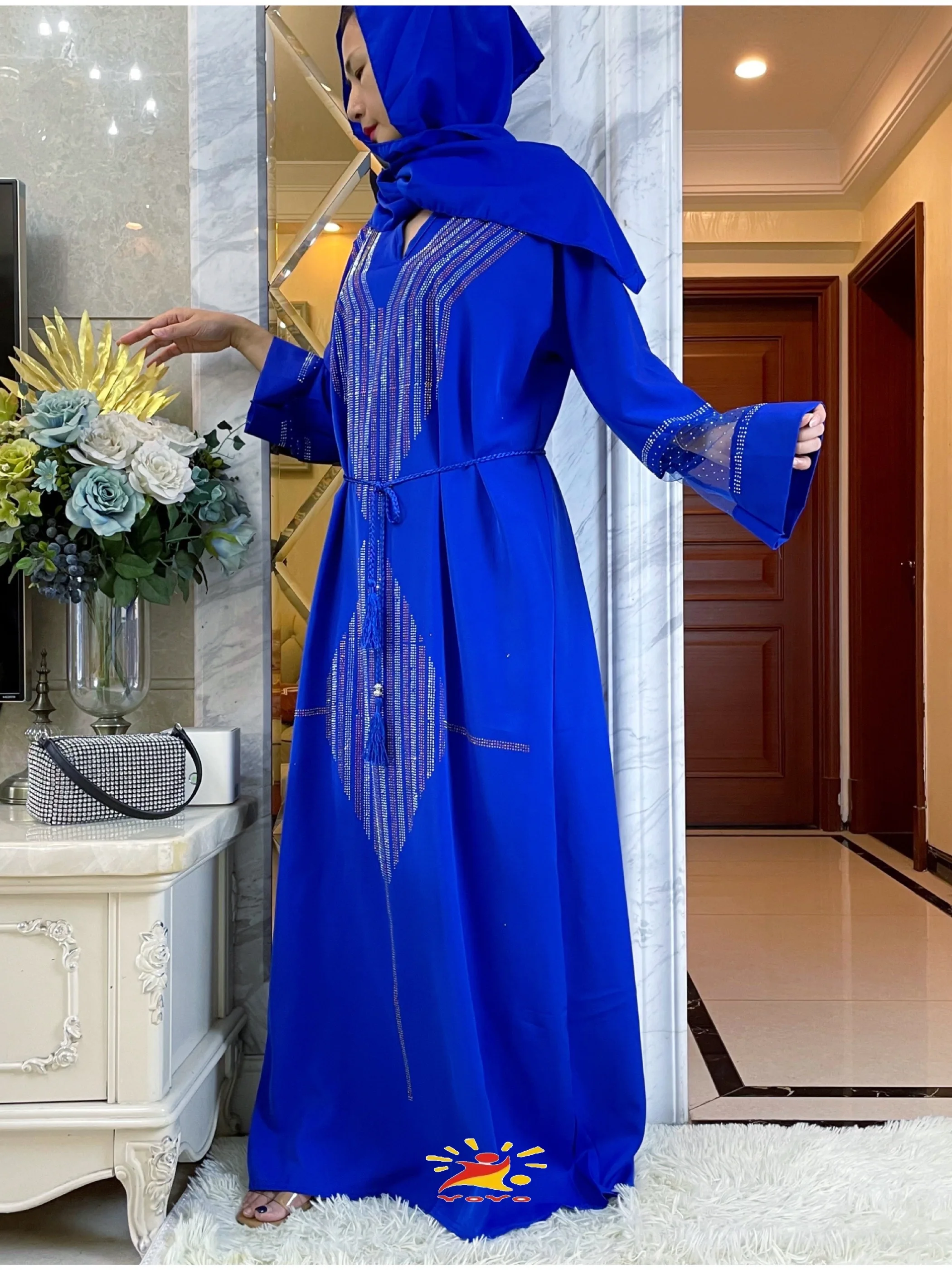 2023 Autumn Abaya Muslim Woman Long Sleeve Dress Ramadan Prayer Diamonds Kaftan Arabic Islamic Chiffon Clothing Moroccan Caftan