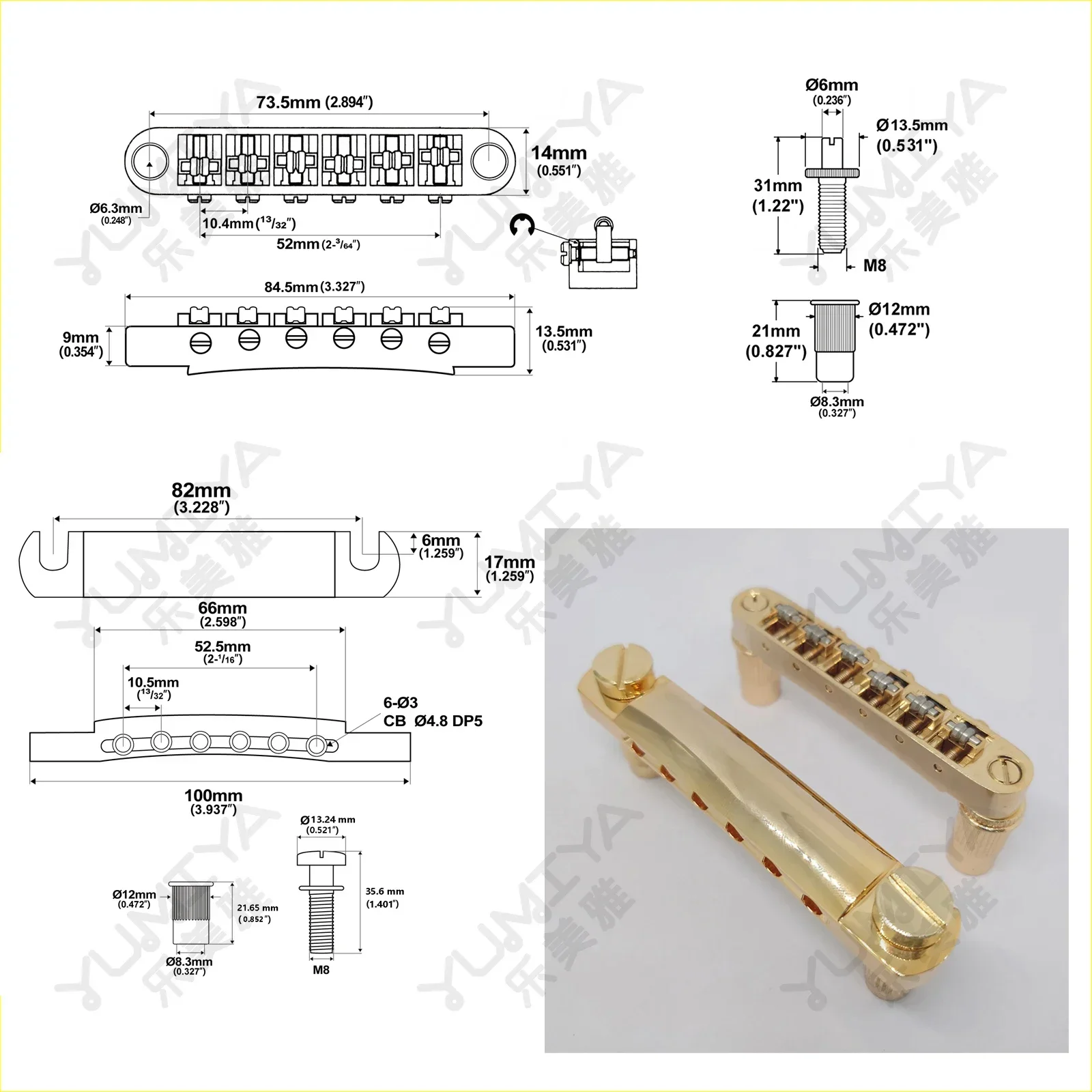 Guitar Tune-o-matic Roller Saddle Bridge Tailpiece Set Gold for ABR LP SG EPi Electric guitars Replacement parts