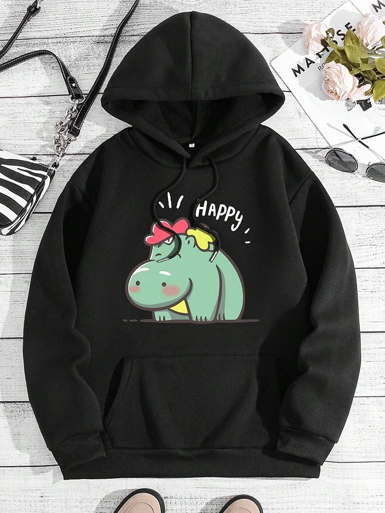 Happy Hippo Cartoon Printed Hoody Women'S Harajuku Soft Sweatshirts Fashion Warm Hooded Autumn Fleece Casual Women Sportswear