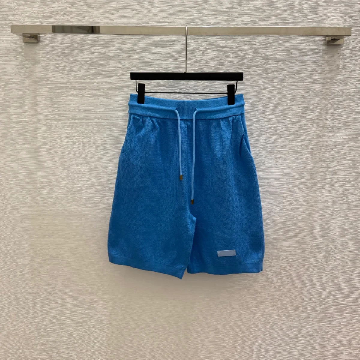 2026 High Quality Women's Blue Waffle Drawstring Knitted Five Point Shorts--hb731