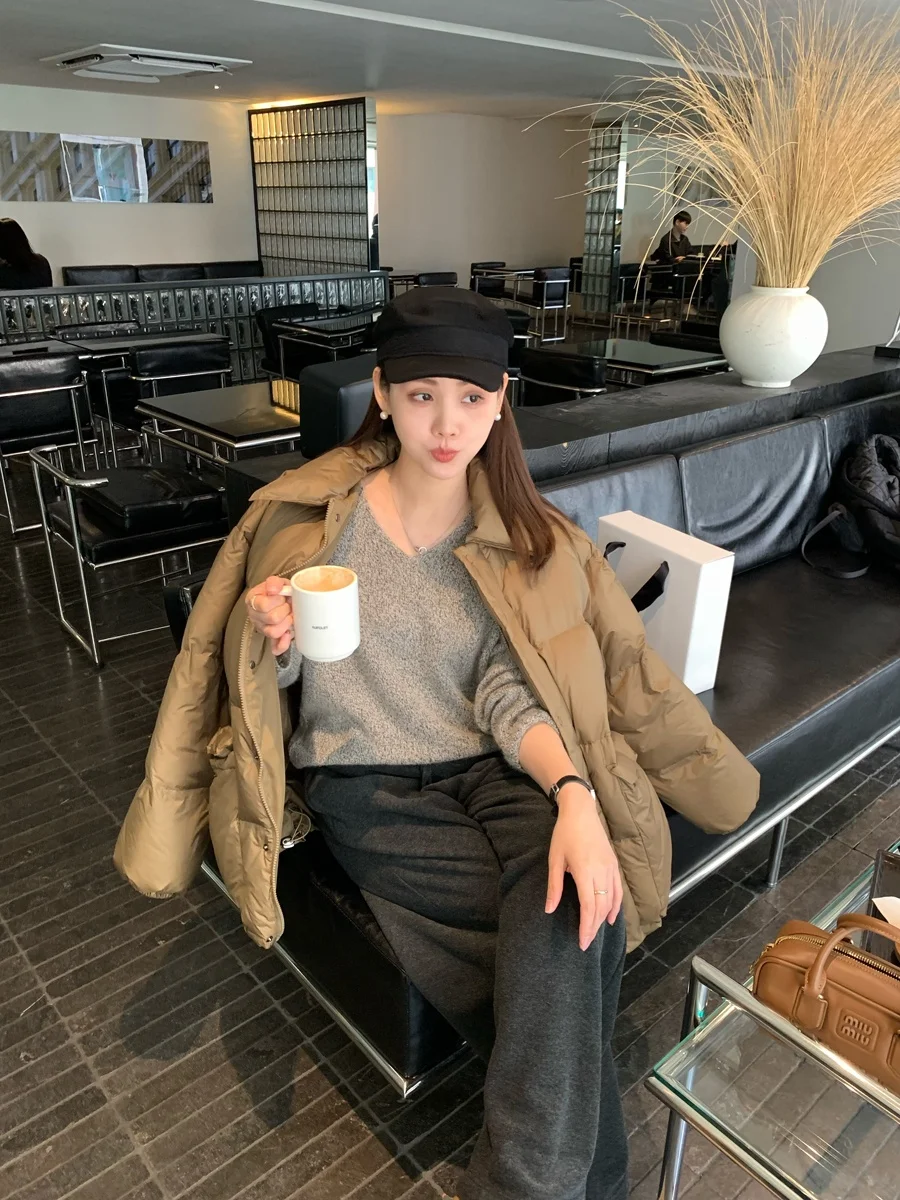 

90% White Du down Mid-Length Jaet Women's Sli Brown een Outerwear Stand Collar Long Sve Commuter Sle Korean Ve...