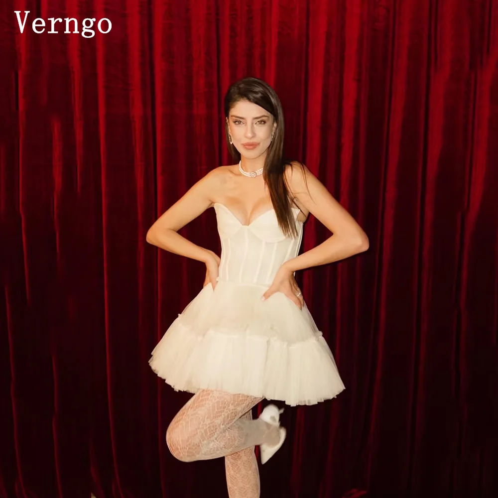 

Verngo lvory Tulle Mini Wedding Dress Strapless A line Short Bridal Gowns Women Pleated Sexy Cocktail Bride Dress Customized