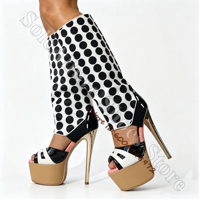 Black Polka Dot Fold-Over Knee High Platform Sandals Monochrome Vamp Cut Peep Toe Slim Shiny Stiletto Retro Pin-Up Lady Boots