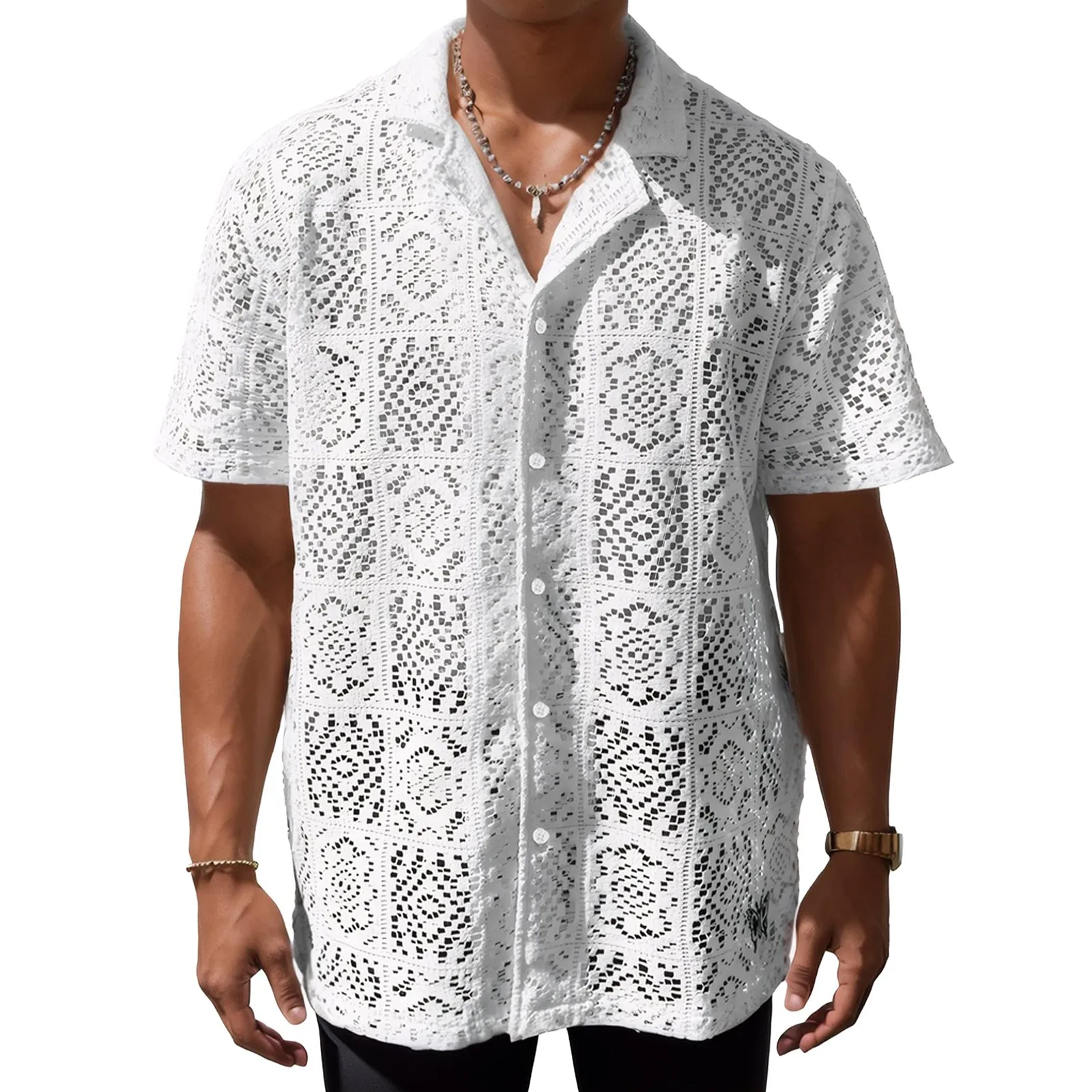 

T Shirt For Man Casual Lace Short-Sleeved Shirt With See-Through Button Holiday Hollowed-Out Top Men'S Clothing Solid Polo Shirt