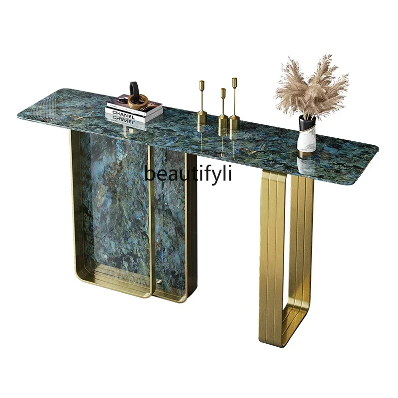 D36Italian Light Luxury Natural Marble Console Tables Stainless Steel Super Crystal Stone Black-Capped Kingfisher Console