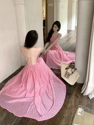 Pure Sexy Strap Dress for Women Summer Sweet Sleeveless Backless Pink Dress Fairycore Design Lace Up A-line Midlength Dresses