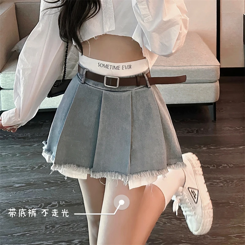 

Irabeezt Fake Two-piece Pleated Denim Skirt Women's Summer Korean 2023 New High Waist Slim Anti-light A-line Skirts Y2k A-LINE