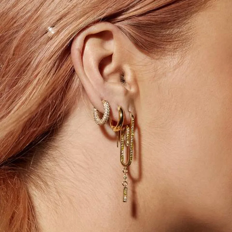 Brass With 18K Rhinestoned Geo Small Hoop Earrings Women Jewelry Punk Party T Show Gown Runway Korean Japan INS