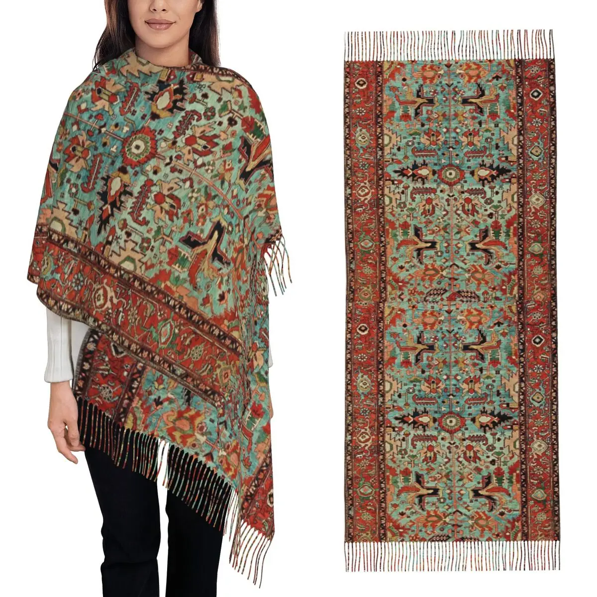 

Антикварный шарф с перским ковровым принтом Heriz, шарфы с кисточками, женские мягкие теплые шали и накидки, длинная осенне-зимняя шаль