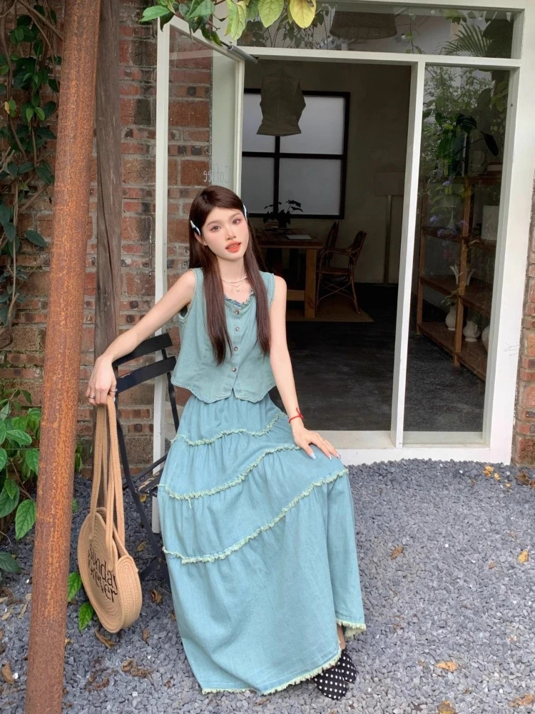 

New Summer Style Women's Clothing Set Sleeveless Denim Vest Button Front Mini Skirt Two Piece Outfit