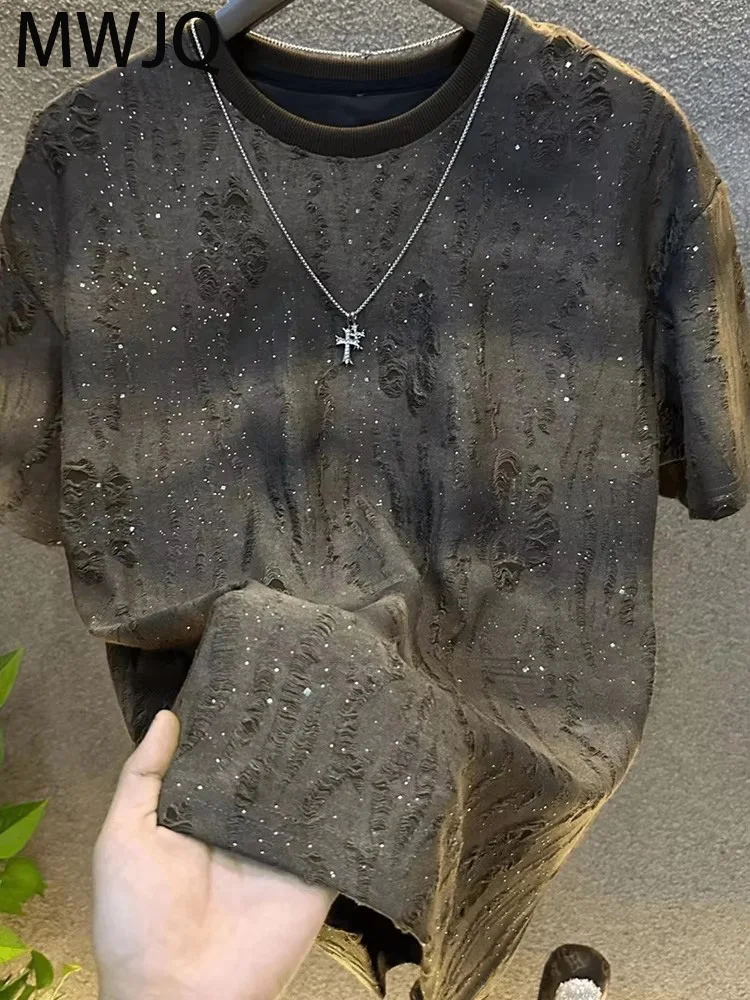 

MWJQ, лето 2023, новый дизайн с дырками, мужские футболки High Street, постепенный цвет, нишевый свободный пуловер с короткими рукавами, мужские топы Tide 010363