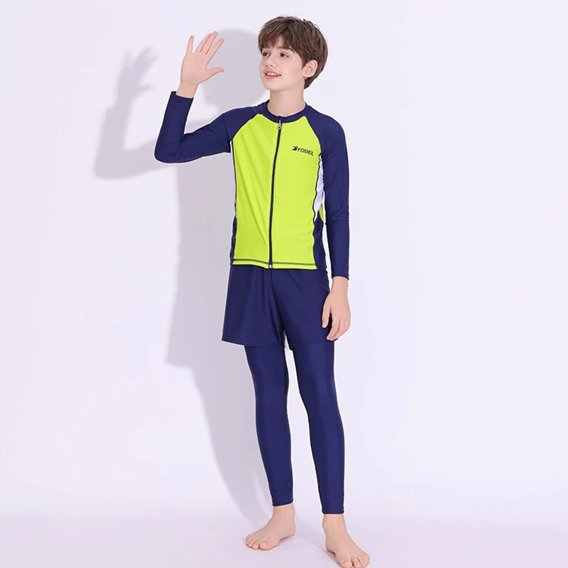 Boys Swimsuit 3‑Piece Rash Guard Long Sleeve Zip Swim Top+Swim Shorts+Leggings Teen Big Kids Boys Swimwear Beach Surfing Wetsuit