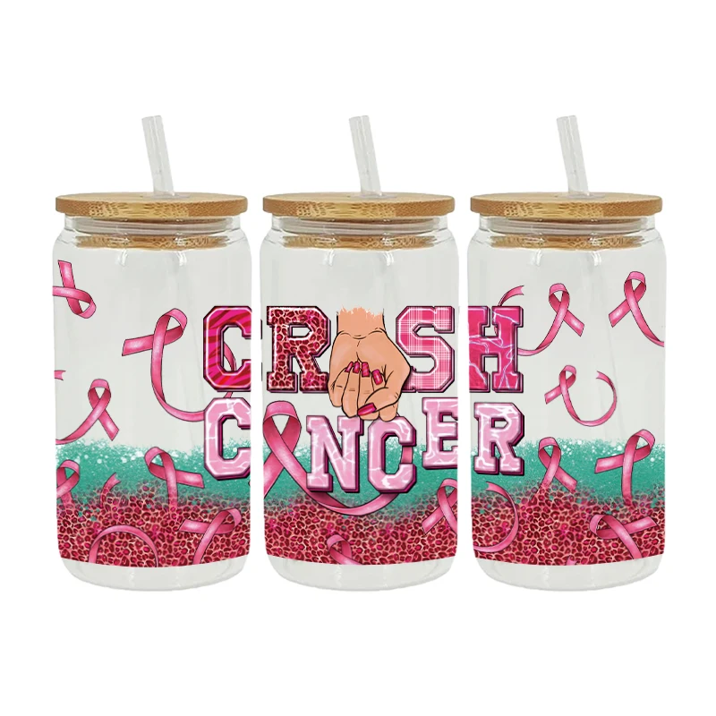 Caring Breast Cancer 3D UV DTF Transfer Stickers Libbey Cup Wrap Iron For Glass 16oz D7944