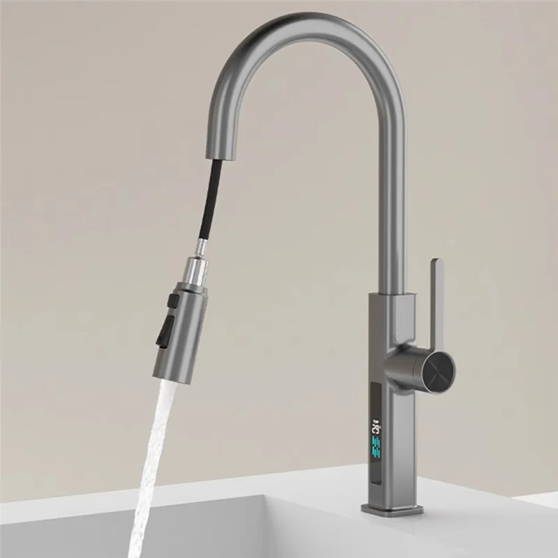 

Gun Gray Kitchen Faucets,Chrome Brass Sink Mixer,Hot & Cold Tap,with Temperature Sensitive & LED Light,Pull Out Sparyer,Rotating