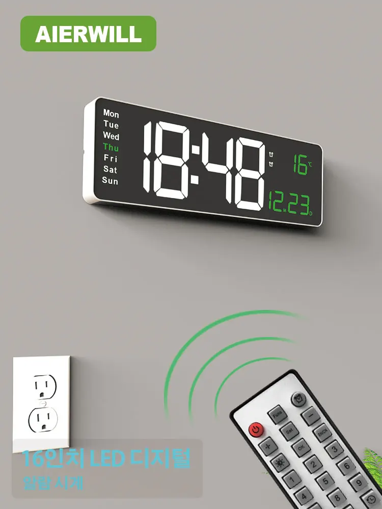 Aierwill N6 디지털 벽시계, 대형 알람 시계, 원격 제어 날짜 주 온도 시계, 듀얼 알람 LED 디스플레이 시계, 16 인치 