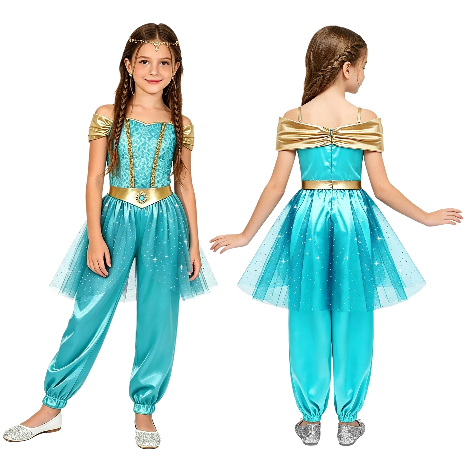 Kids Girls Halloween Theme Party Carnival Arabian Princess Costume Shiny Sequin Tulle Overlay Satin Indian Belly Dance Jumpsuit