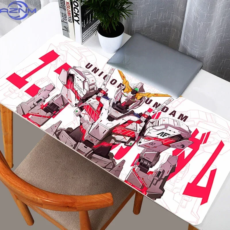 Anime Mecha Warrior Large Gaming Desk Mat, Futuristic Robot Artwork Non-Slip Rubber Base Stitched Edge Mouse Pad for Game & Offi