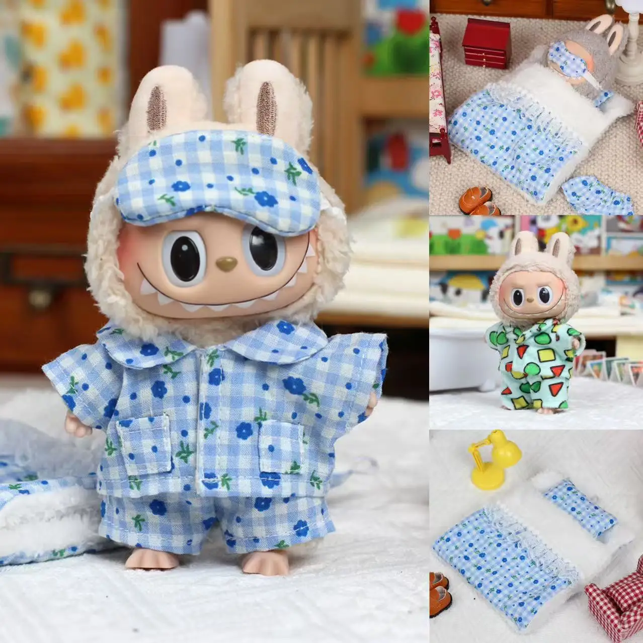 Doll's Clothes For Labubu 17cm Clothing The Monsters Outfit Accessories DIY Kid Gift Pajamas And Bedding Shirt Pants Eye Mask
