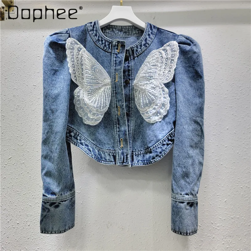 Chic High Waist Denim Jacket Women 3D Butterfly Long Sleeve Round Neck Single-breasted Short Coat Spring Autumn Street Fashion