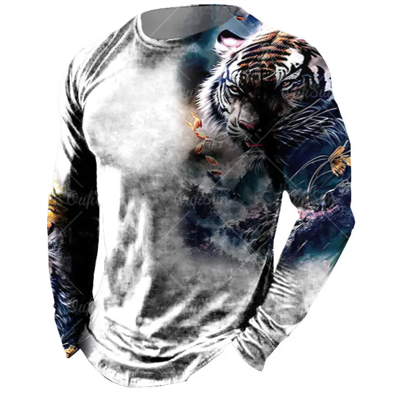 Vintage Men's Long Sleeve T-Shirt Animal Print Shirts Tiger Graphics Tees Clothing Sleeve Tops Men Oversized Streetwear