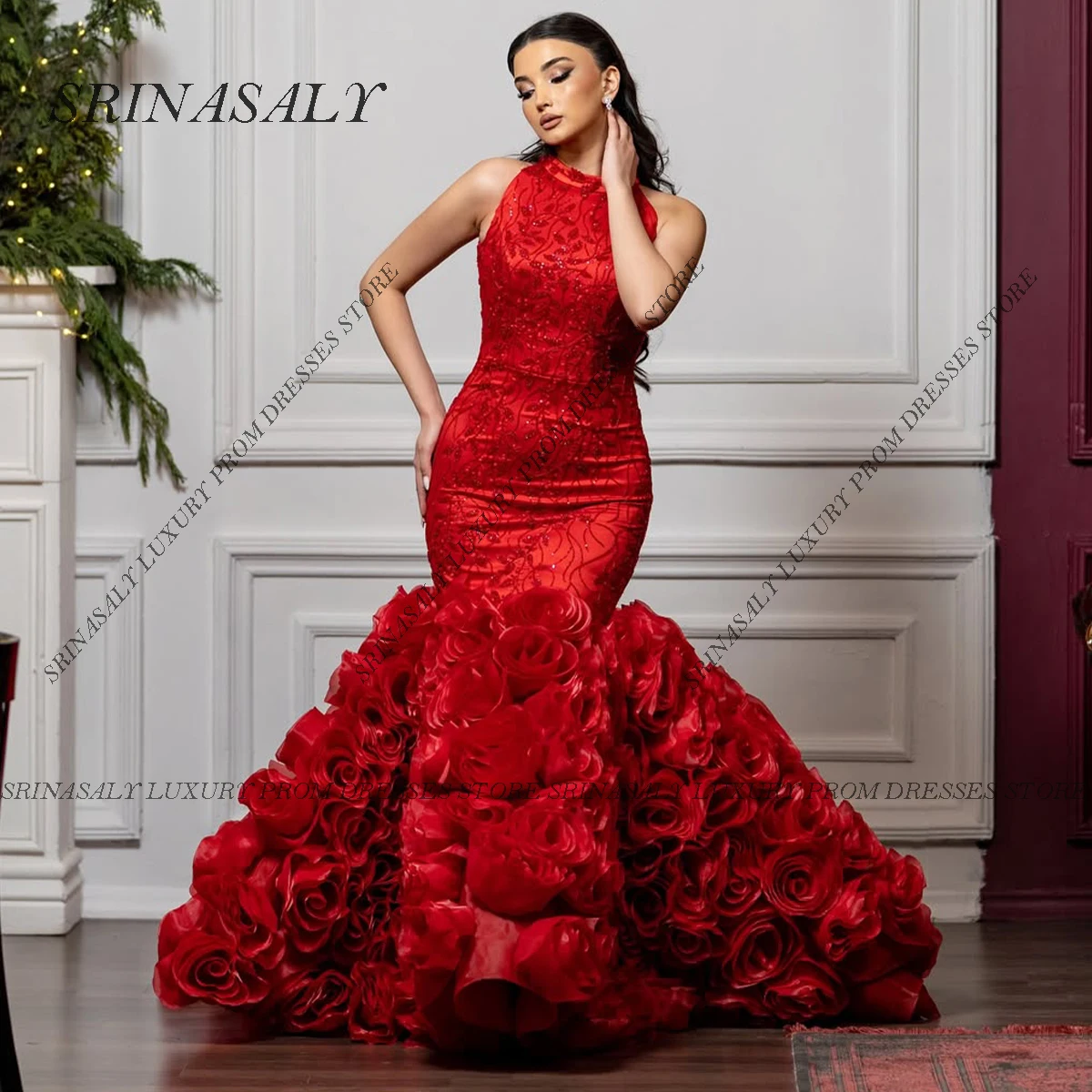 تخصيص طويل حورية البحر فساتين السهرة لفتاة سوداء الديكور الزهور زين الديكور أكمام ثوب مسائي رسمي رداء