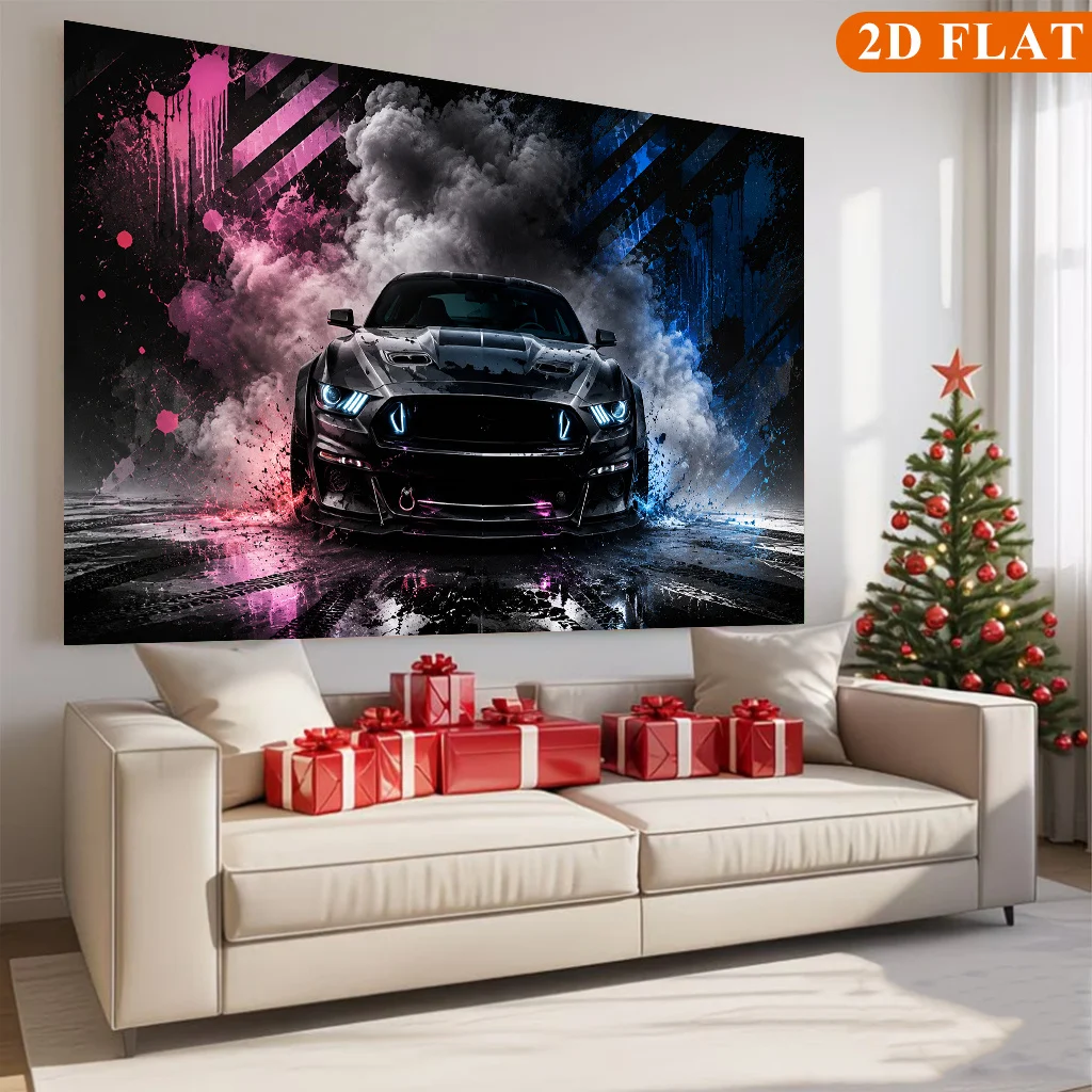 Muscle Car Tapestry, Cyberpunk Sports Car Wall Hanging, Neon Smoke Auto Art, Cool Gamer Room Decor, Boys Bedroom Blanket