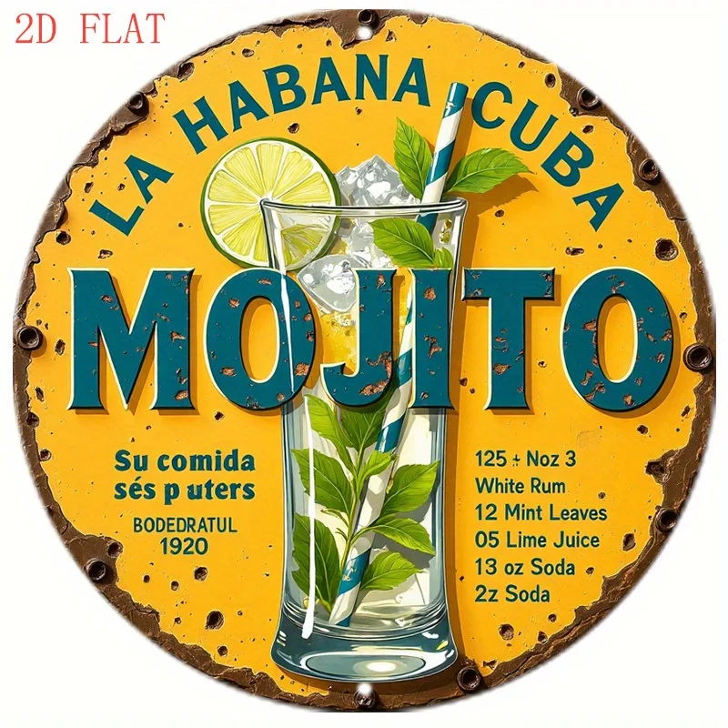 Letrero Vintage con Receta de Cóctel Mojito (1 Pieza) - Decoración de Bar Cubano con Lima, Menta y Ron - Decoración Retro para Cocina, Pub, Patio - Fácil de Instalar