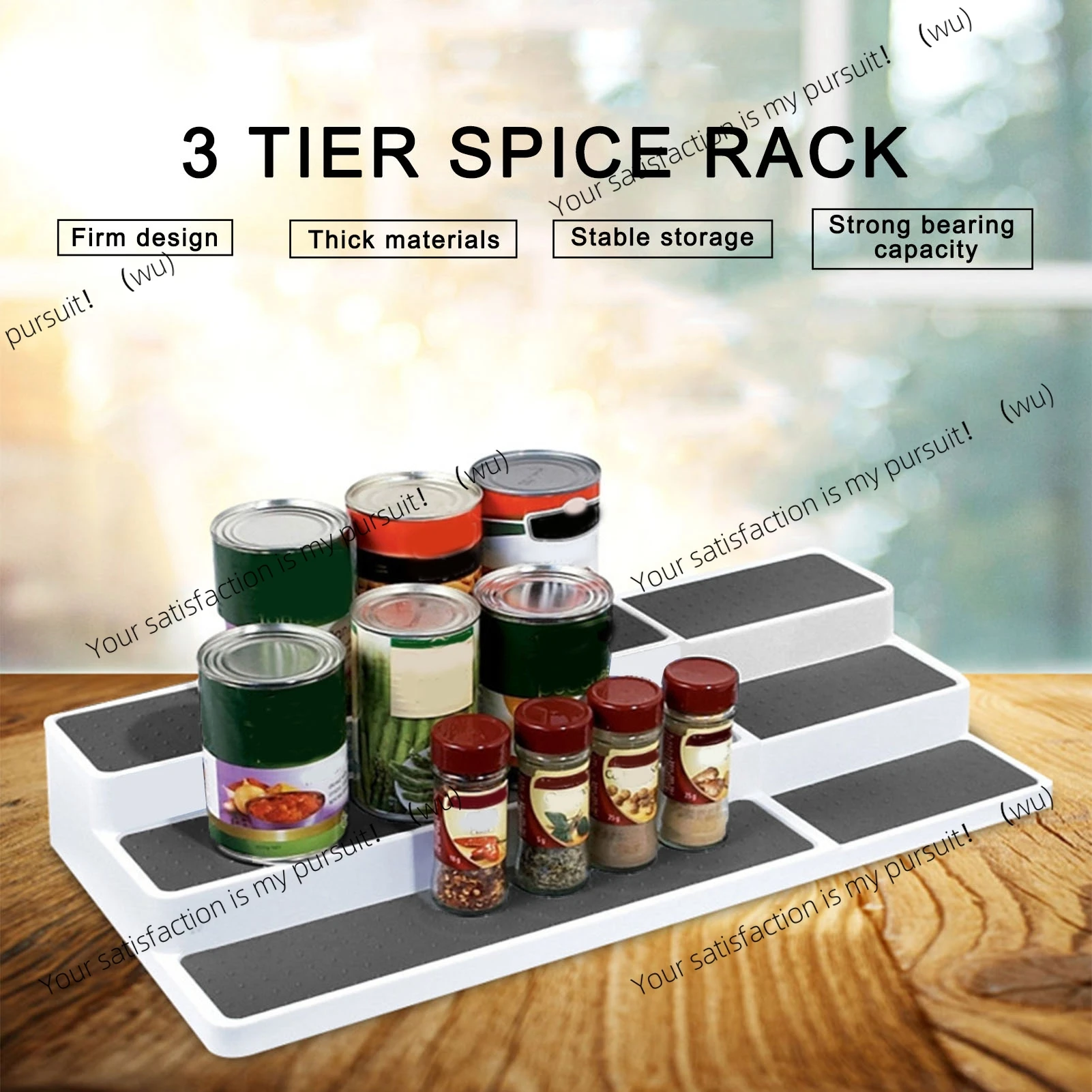 Three-tier spice rack, expandable stepped shelf, seasoning rack for kitchen counter